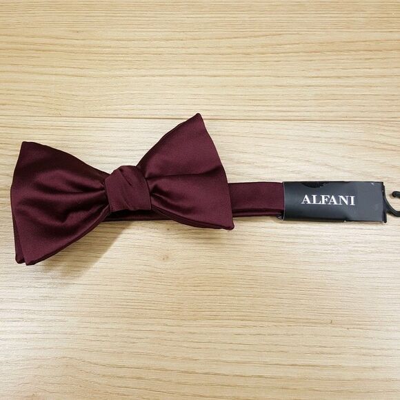 ALFANI Mens Bow Tie Solid Burgundy Satin Pre Tied - Picture 1 of 3